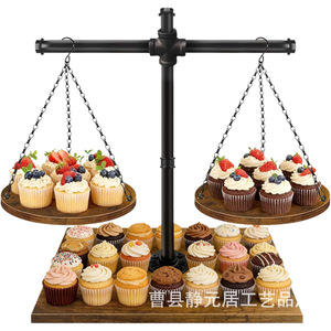 Support à cupcakes en bois à double étage, présentoir à desserts en fer forgé, plateaux à plusieurs niveaux de style rustique pour décorations de table de fête d'anniversaire - Product Image 5