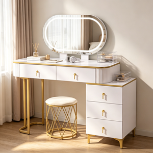 Modern Makeup <b>Vanity</b> With Lighted Mirror Storage Drawers Bedroom Dressing <b>Table</b> With Stool - Product Image 2