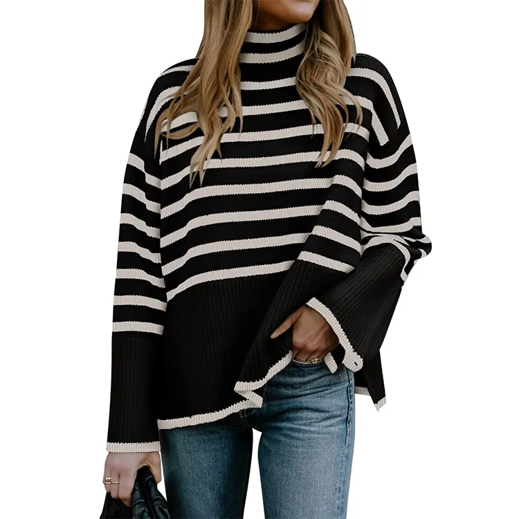 Women Long Sleeve Striped Jumper Tops Turtleneck Loose Side Split Ribbed Knit Oversized Sweater Pullover