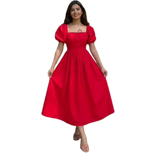 Robe midi drapée unie rouge à col en V et manches bouffantes, style doux, en tissu peigné respirant, pour l'été, les fêtes et les occasions décontractées - Product Image 1