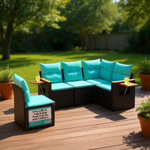 Set di divani da giardino in polyrattan nero da 5 pezzi con cuscini, mobili da esterno - Product Image 2