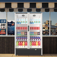 Réfrigérateur commercial à porte vitrée simple pour boissons, avec compresseur à montage inférieur et cadre de porte en aluminium.