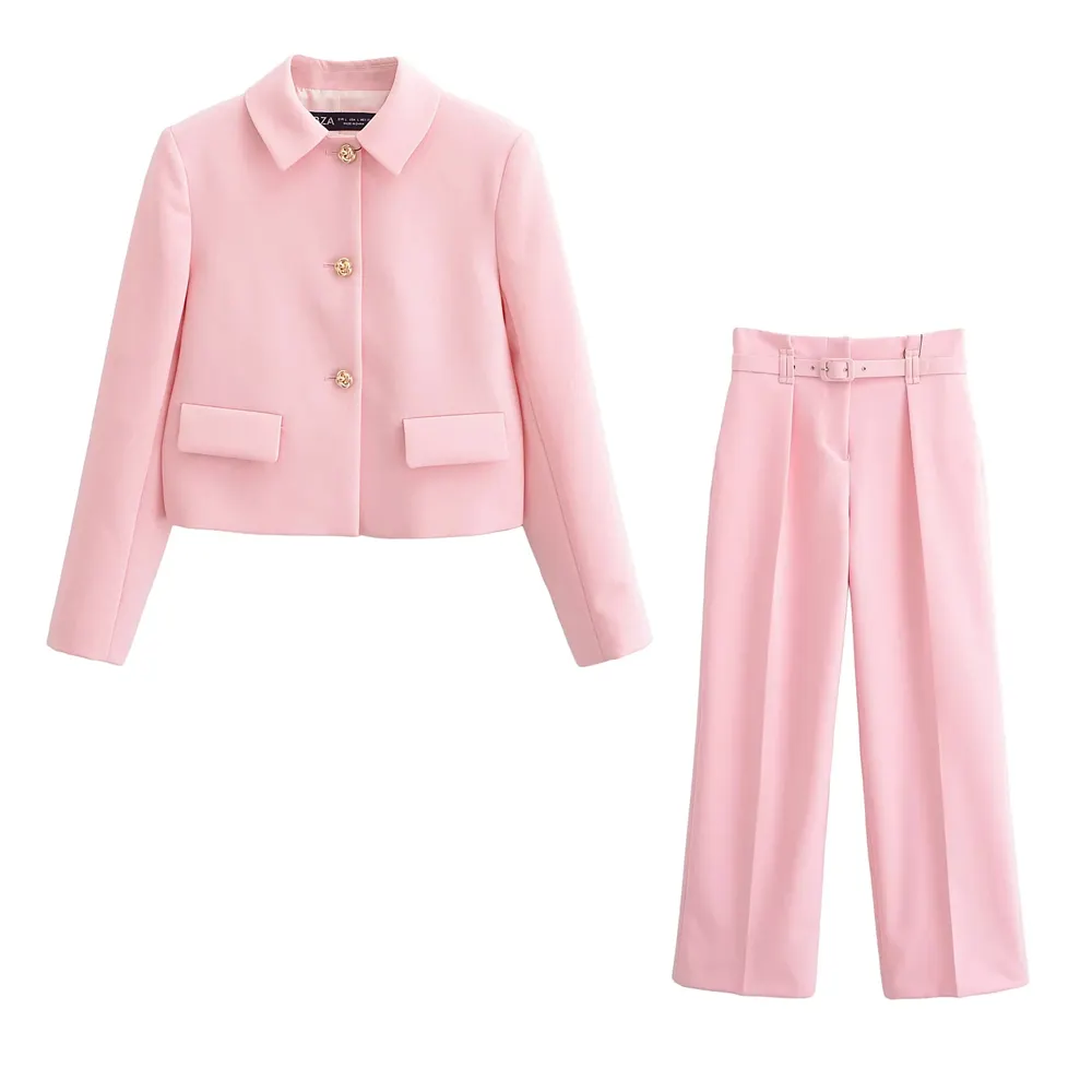 KAOPU ZA Women with raised buttons cropped blazer and with belt front pockets high waist wide-leg trousers two pieces sets mujer