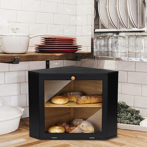 Triangular Bread Box Double Layer Black Wood <b>Storage</b> <b>Kitchen</b> Food Container With Glass Door For Bread <b>Storage</b> - Product Image 1