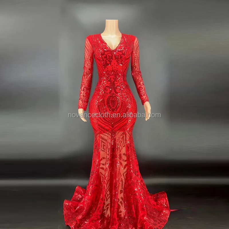 Novance Y2408 Summer 2022 V Neck Sparkling Diamond Sequins Red Fish Tail Dress Bridal Dress Evening Gown For Wedding Party