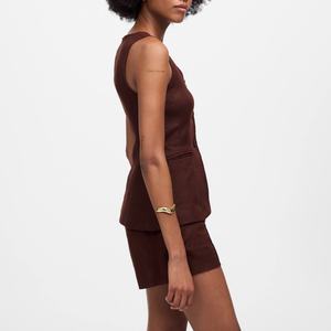 Meilleure Vente Ensemble Deux Pièces Femme en Lin Couleur Marron Unie, Gilet Sans Manches et Haut Boutonné à Col Carré, Style Formel - Product Image 3