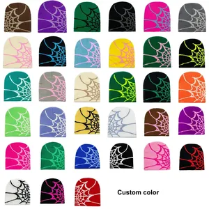 Chapeau tricoté en acrylique motif toile d'araignée de couleur unie Y2K avec logo personnalisé Bonnet Jacquard pour hommes et femmes pour l'extérieur Bonnet chaud d'hiver