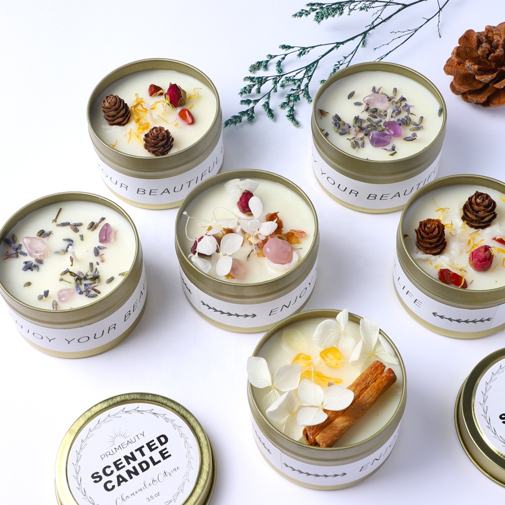 Лидер продаж на заказ, фирменная торговая марка, новинка, Домашний аромат, ароматерапия, подарочный набор, оловянные сушеные цветы, роскошные ароматизированные свечи сои