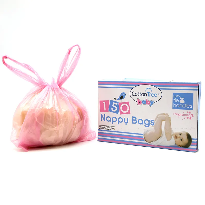 Biyobozunur tek kullanımlık özelleştirilmiş kokulu kravat kolu bebek poop çanta lavanta frangranced plastik bebek nappy bezi çuval çanta