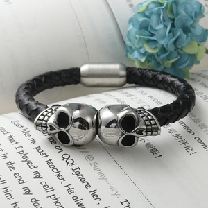 Titanium Steel Skull <b>Bracelet</b> Black Woven <b>Leather</b> Band Fashion Jewelry for Men and Women - Product Image 4