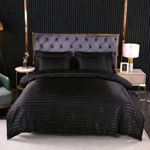 New Arrival Polyester Home Textile Luxury Jacquard Satin Strip Imitate Silk Satin Three Piece Bed Sheets Bedding Set