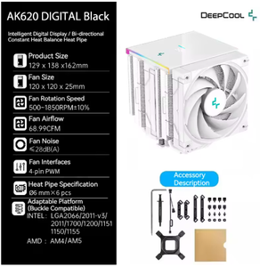 Enfriador de <span class=keywords><strong>CPU</strong></span> Digital <span class=keywords><strong>DeepCool</strong></span> <span class=keywords><strong>AK620</strong></span>, 6 Tubos de Calor, Rodamiento de Bolas de Cobre y Aluminio, 120 mm, 28 dBA, Compatible con Cajas de Ordenador 2011 V3 AM4 AM5 - Product Image 6