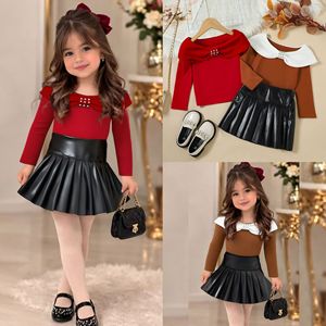 Nouvel ensemble deux pièces pour filles : veste décontractée unie à manches longues avec col orné de nœuds et de perles, et <span class=keywords><strong>jupe</strong></span> plissée en similicuir PU pour l'automne - Product Image 1