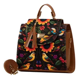 Bolso de compras de yute para mujer Fana Emilia, tamaño mediano, estampado de pájaros y flores, cierre con broche, asa larga para la mano - Product Image 1