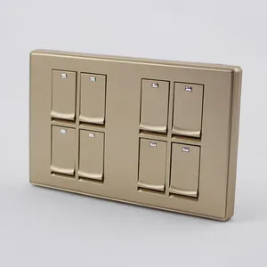 Export nepal Standard PC Panel Golden 8 gang 1 way light Wall Switch Factory Supplier