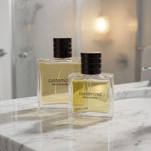 Botella de Perfume Vacía Recargable de Vidrio Transparente de Lujo, Cuadrada y Curvada, de 50 ml y 100 ml, con Tapa Negra Escalonada y Pulverizador - Product Image 1