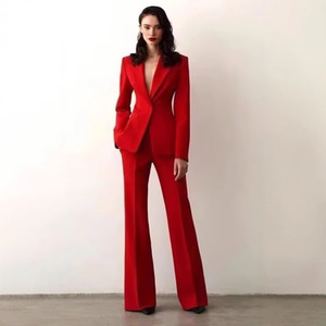 Completo da <span class=keywords><strong>Donna</strong></span> 2 Pezzi Rosso Monopetto Slim per Matrimonio, Lavoro, Ufficio, Uso Quotidiano, Casual, Set Blazer e <span class=keywords><strong>Pantaloni</strong></span> - Product Image 1