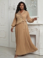 Robe longue plissée noire grande taille avec imprimé doré et manches bouffantes – Robe de soirée élégante