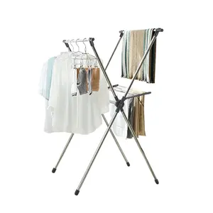 BAOYOUNI Stainless Steel Adjustable Foldable Drying Pole Shelf Double Rod Collapsible Garment Laundry Rack Display Clothes Stand