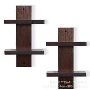 Wooden Double Layer Wall Mounted <b>Shelf</b> Brown Rectangle Floating Storage <b>Rack</b> For Home Decoration Living Room Bookshelf Plant - Product Image 5