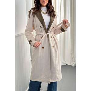 Manteau Trench Long Vintage Beige Kaki pour Femme, Imperméable, avec Ceinture à Rayures au Dos et Décoration Imprimée en Coton – Vente en Gros - Product Image 3
