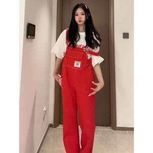 2025 américain rétro femmes rouge Denim salopette ample droite jambe large Style décontracté nouvelle tendance pour printemps automne été - Product Image 3