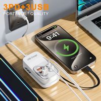Nuevo Cargador Multi-Puerto para Teléfono Móvil con 6 Puertos USB, Cable de Carga Rápida Integrado Tipo-C 3PD 3USB, Adaptador de Carga Enchufable