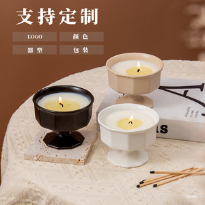 TaoYuan Ceramic Stemmed Candle <b>Holder</b> Hexagon Black Empty For Gift DB2299 - Product Image 2