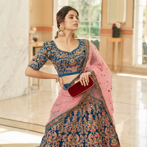 Velvet A-Line Maxi Lehenga Choli Zari Embroidery Ethnic Dress with Floral Print for Women <b>Bride</b> Wedding Party Wear - Product Image 1