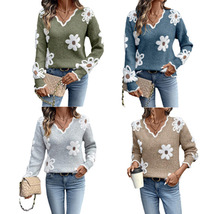 Nouvelle collection Automne-Hiver 2026 : <span class=keywords><strong>Pull</strong></span> tricoté décontracté et doux à col en V, manches longues, motif floral uni pour femme - Product Image 6