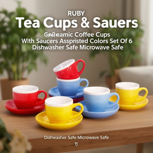 Set of 6 ceramic coffee <b>cups</b> with <b>saucers</b>, RUBY, assorted colors, Art. 44 - Product Image 3