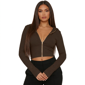 Hoodie court zippé d'hiver pour femme, en polyester doux avec doublure polaire, coupe décontractée, poignets côtelés, personnalisable, usage quotidien - Product Image 1