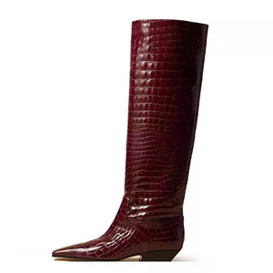 Size 44 Stone Prints Women Knee High Boots Low Chunky <b>Heels</b> Suede Shoes on Wide Fit Pointed Toe Long Boots - Product Image 5