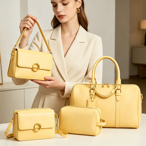 Ensemble de sacs à main en cuir véritable pour femmes, style Boston jaune, fermeture à rabat classique avec sangle amovible, usage quotidien - Product Image 3