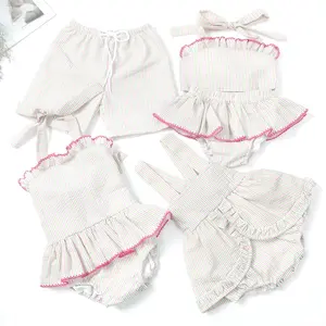2024 Summer Children Swimwear Striped Seersucker Baby Girl 1 Piece Swimsuit Kids Clothing Design