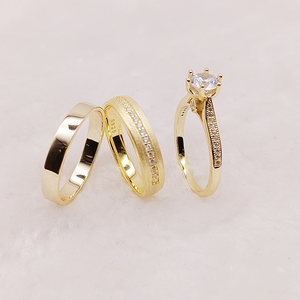 ウエスタン24k金メッキドバイリアル925シルバースターリングジュエリーキュービックジルコニアダイヤモンドプロミスウェディングリングブライダルセットカップル - Product Image 1