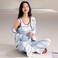 Yicheng Damen 3-Teiliges Pyjama-Set Gestreifter Druck Schlafanzug Strickjacke Bequeme und Atmungsaktive Baumwolle Luxuriöse Frühlings-Nachthemden