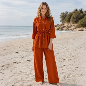 <span class=keywords><strong>Camicetta</strong></span> Casual da Donna 2026 Estiva Autunnale <span class=keywords><strong>Arancione</strong></span> in Viscosa Lavorata a Maglia con Collo Alto, Vestibilità Ampia, Vita con Coulisse e Maniche a 3/4 con Bottoni - Product Image 5