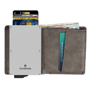 Aluminum <b>RFID</b> <b>blocking</b> <b>wallet</b> Men's short leather card holder Minimalist fold closure <b>wallet</b> Front pocket <b>wallet</b> - Product Image 1
