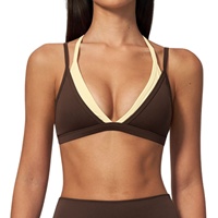 Soutien-gorge de sport deux pièces contrastant pour femme, effet seconde peau, dos nu en V profond, pour yoga et entraînement, maintien léger, en Spandex/Nylon respirant