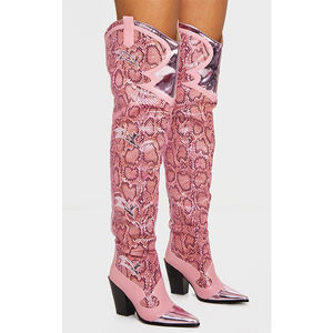 Botas de Invierno WETKISS, Último Diseño, Botas de Tacón <span class=keywords><strong>Cubano</strong></span> con Caña Ancha, Botas Vaqueras por Encima de la Rodilla, Botas de Piel de Serpiente Rosa - Product Image 1