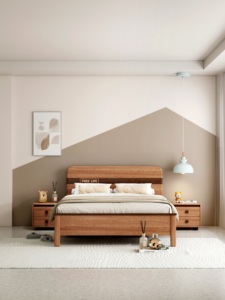 High Quality Golden Sandalwood Wooden Wall Bedside Modern Minimalist Solid Wood Platform <b>Bed</b> for Bedroom - Product Image 2