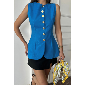 Gilet en lin jacquard pour grandes tailles, boutons dorés, taille ajustée, extérieur bleu pour le bureau, tissé en laine et coton, disponible en longueur longue ou courte - Product Image 6