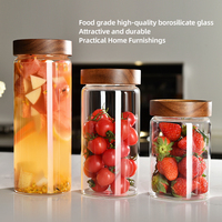 Pot de conservation en verre borosilicate de haute qualité avec couvercle en bois d'acacia et anneau en silicone, capacité 0,5-1L, design moderne, multifonctionnel pour condiments