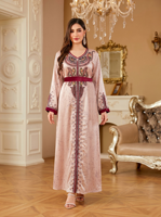 Robe Abaya vintage à col en V, broderie en strass, polyester satiné respirant, avec ceinture, robe longue maxi pour femmes musulmanes