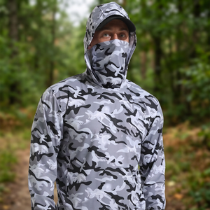 <b>Men's</b> Gray Camouflage Fishing Hoodie with <b>Face</b> <b>Mask</b> Breathable Quick Dry UPF 50 Sun Protection Shirt - Product Image 3