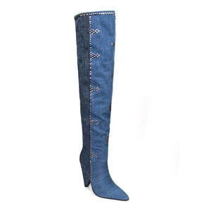 Metal Rivets High-Heeled Pointed Toe Women Blue Shoes Over Knee <b>Boots</b> Denim Patchwork Spike Heels Long Booties - Product Image 6