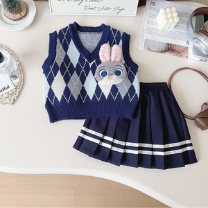 Tongxingyuan Girls' Rabbit JK Uniform Knitted Vest Skirt Set Spring Autumn Cute School Outfit Children's Clothing - Product Image 3