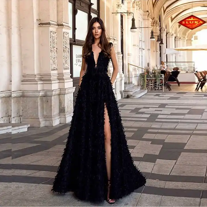 Gray Sequined Deep V Neck Prom Dress with Left Slit, A Line Tulle Evening  Dress N1248 – Simibridaldresses