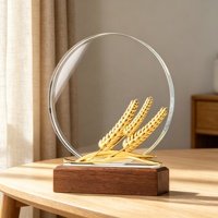 Trophée en cristal vierge avec décoration blé doré, base en bois, gravure de logo personnalisée, vente en gros de récompenses en verre